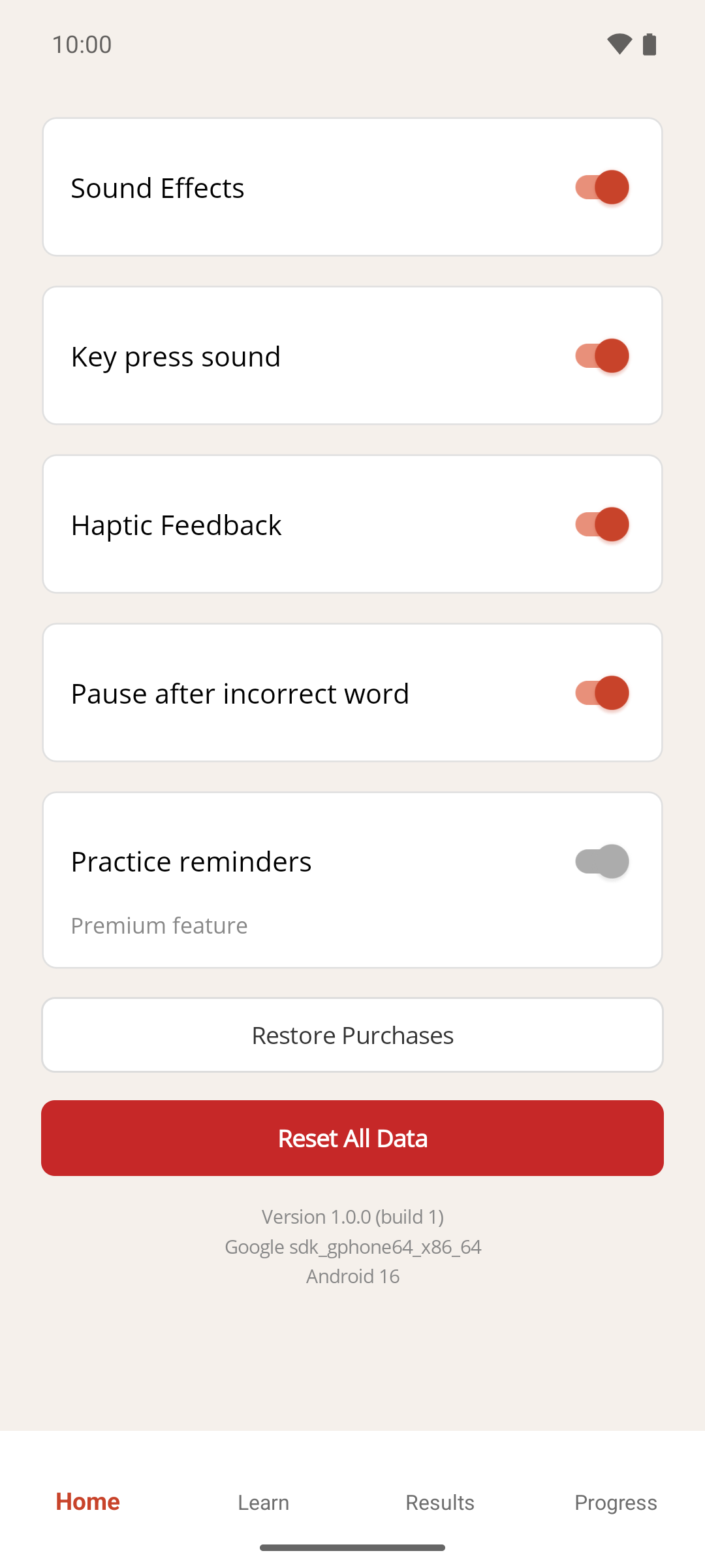 The Settings screen, with the Restore Purchases button below the switches