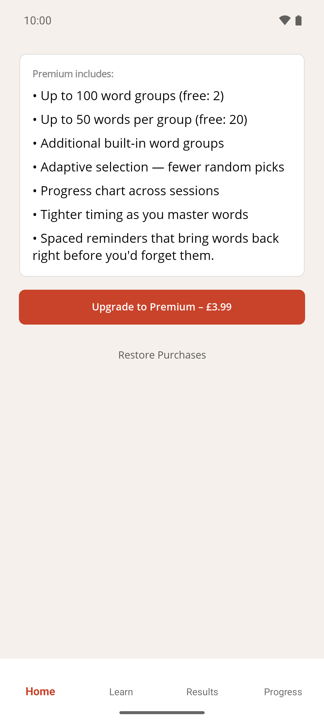 The Premium screen with the Premium includes list, the Upgrade to Premium button showing the price, and Restore Purchases below it