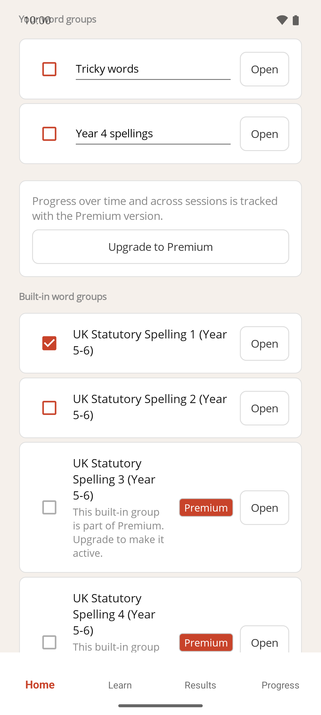 The Built-in word groups section of the Define Words screen, with a free group that can be ticked and a Premium group with a greyed-out checkbox and Premium badge