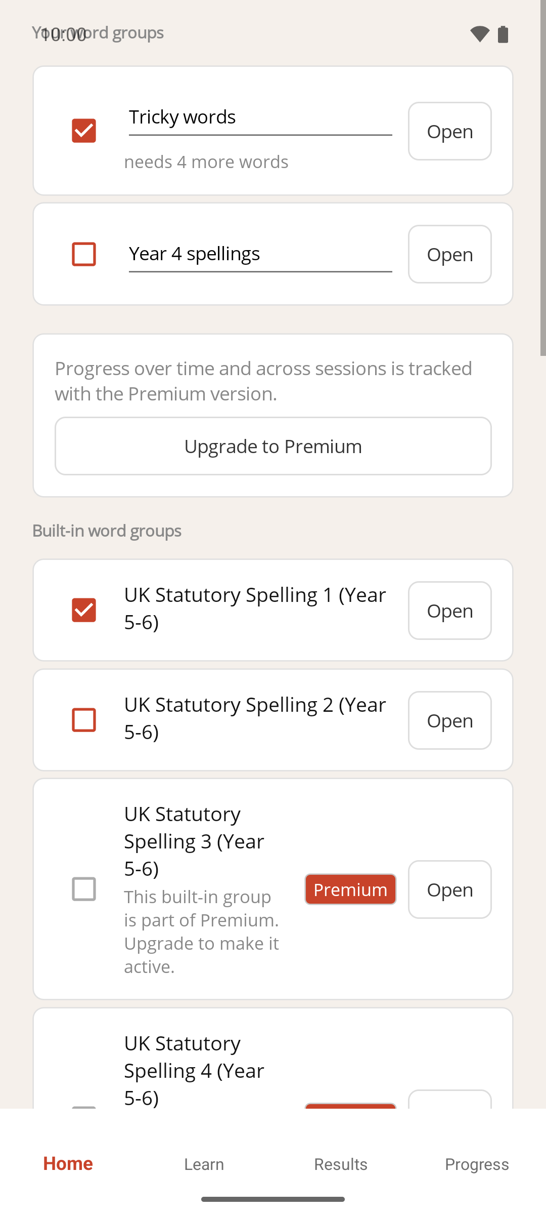 The Define Words screen with Tricky words ticked and showing needs 4 more words, and Year 4 spellings unticked