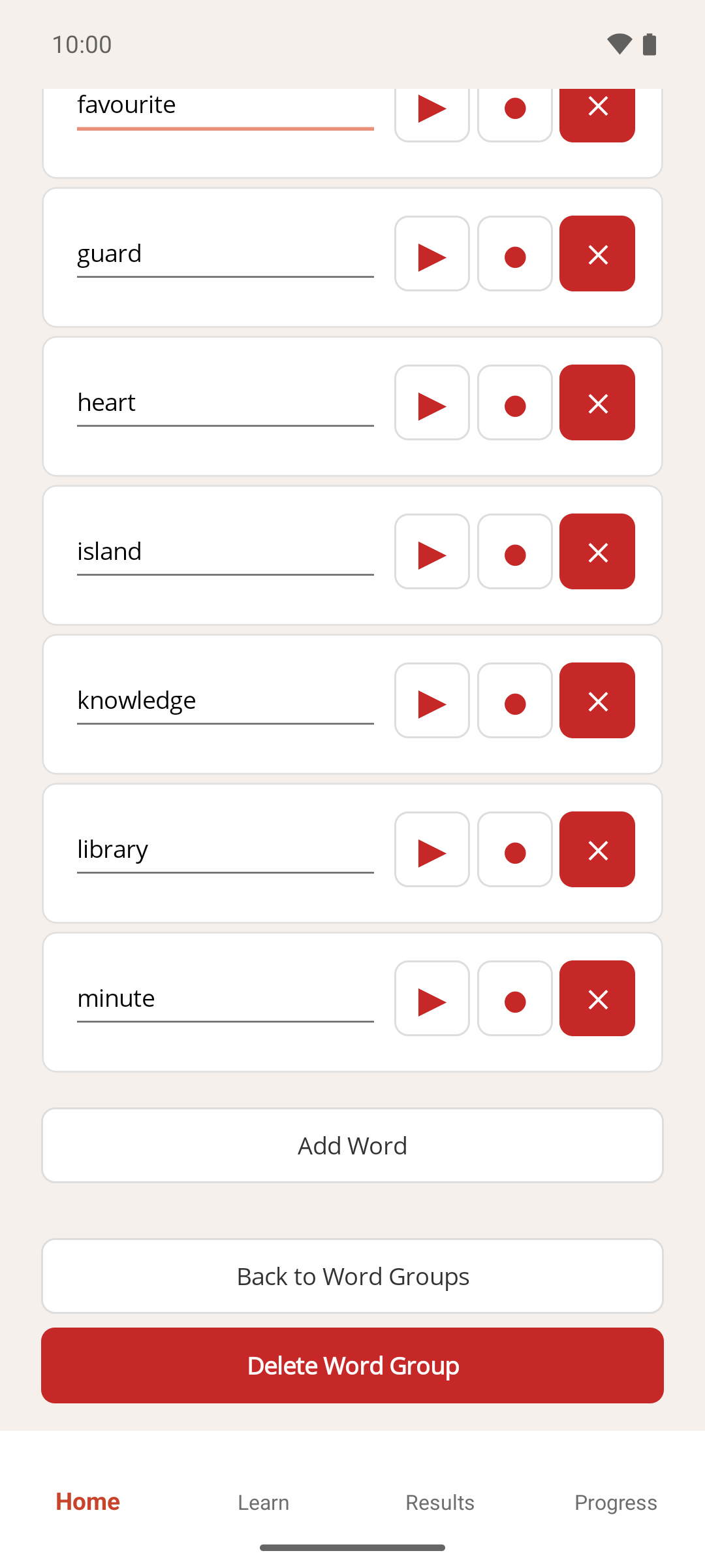The bottom of a word list for one of your own groups, showing the Add Word, Back to Word Groups and Delete Word Group buttons