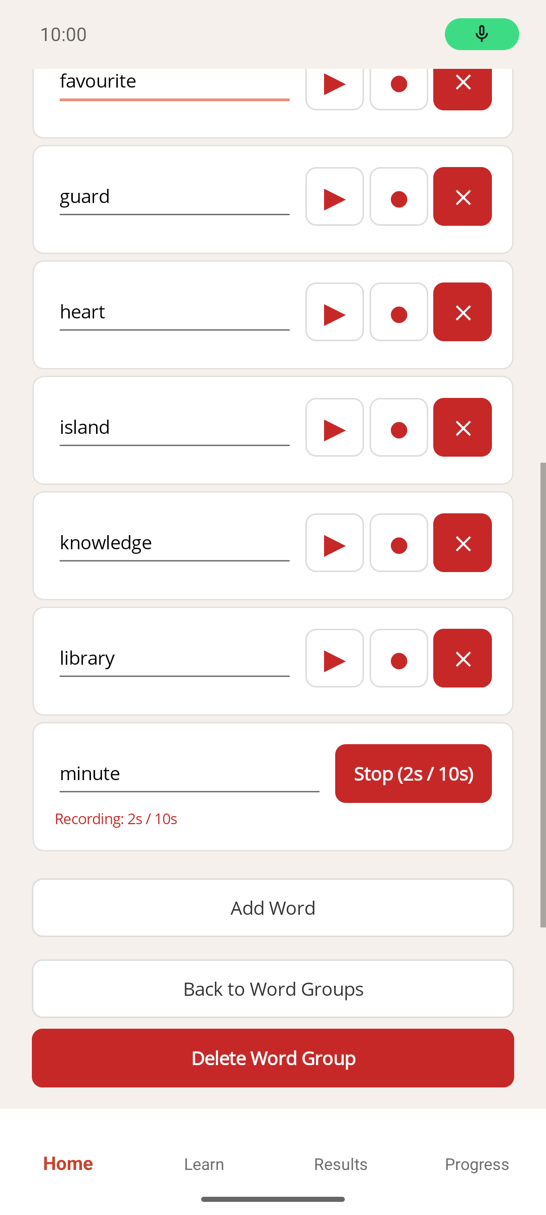 A word row while a recording is in progress, showing the Stop button with the elapsed seconds and the Recording line beneath the word
